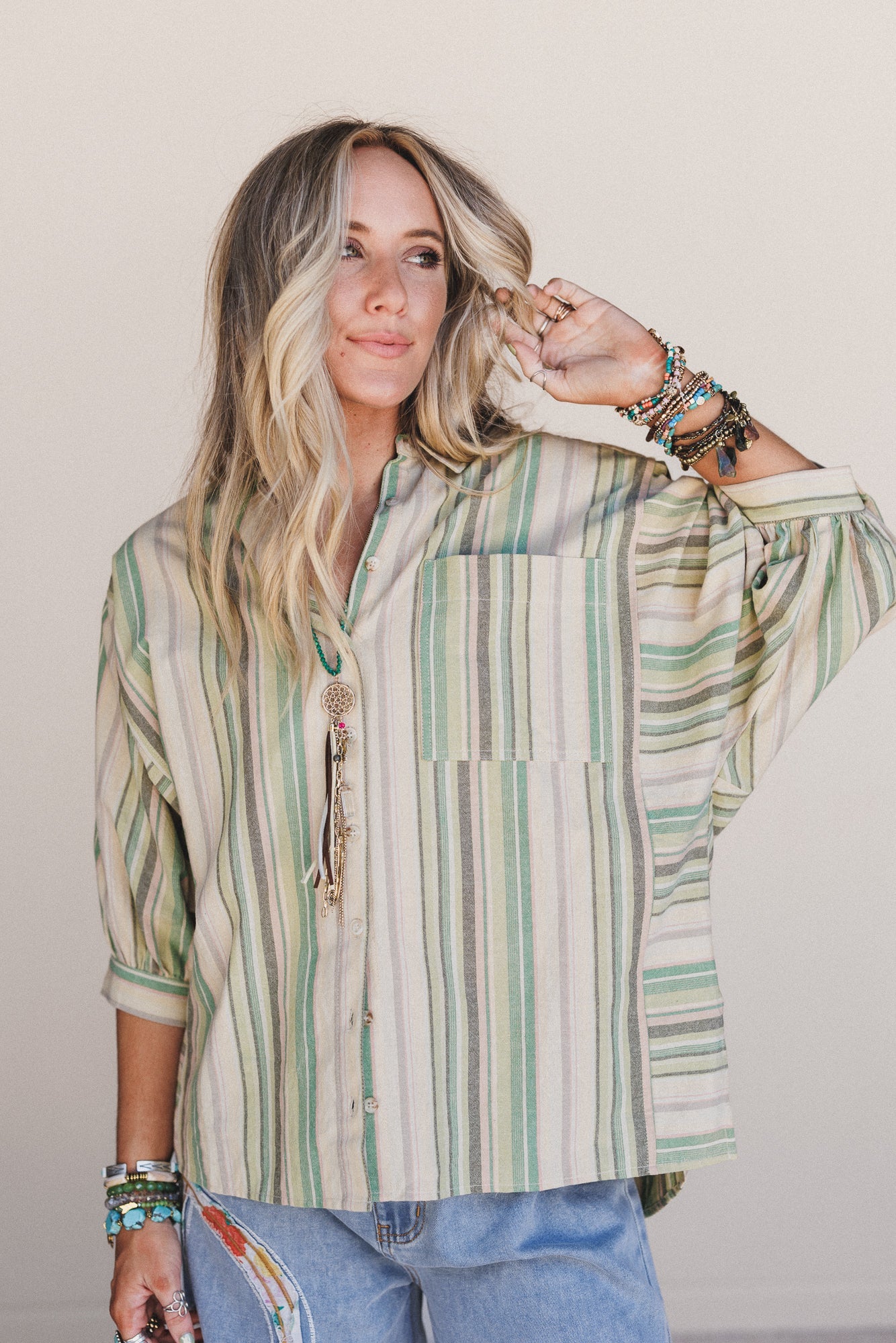 Finch Striped Button Down Top - Green Multi
