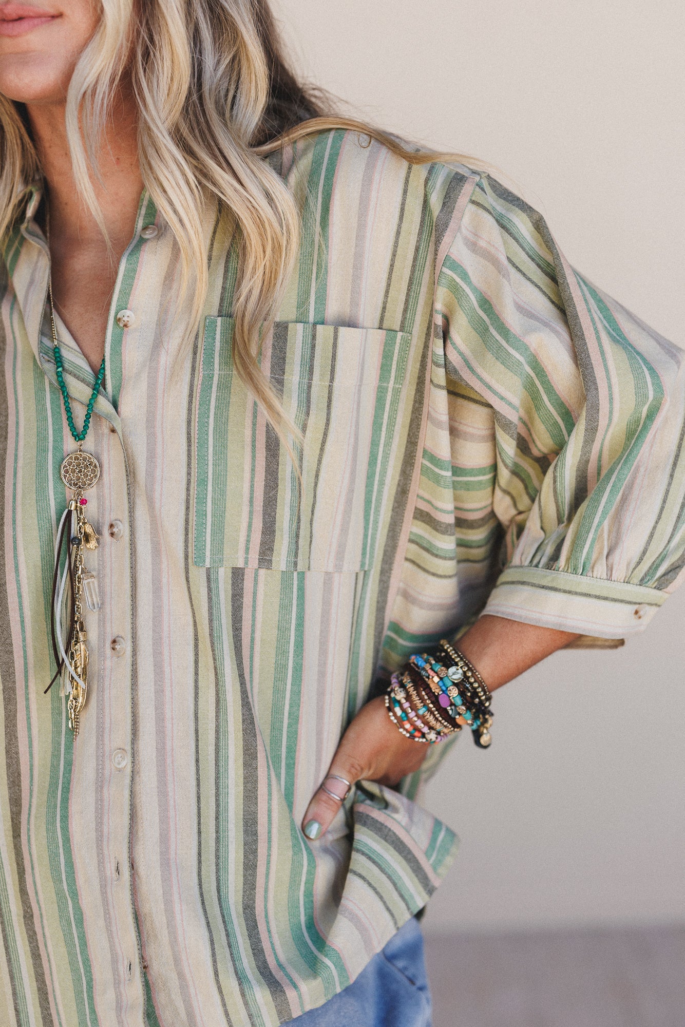 Finch Striped Button Down Top - Green Multi