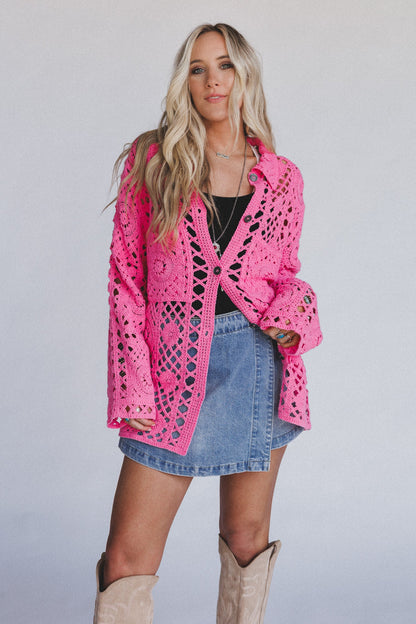 Marisela Crochet Button Down Top - Pink