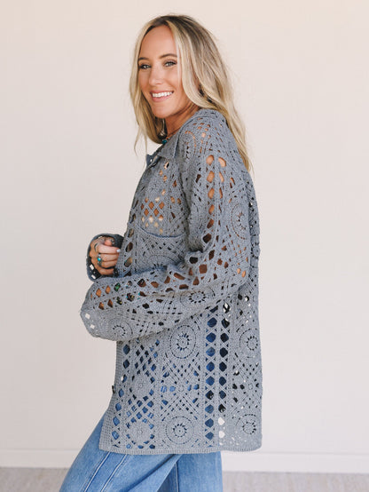 Marisela Crochet Button Down Top - Gray