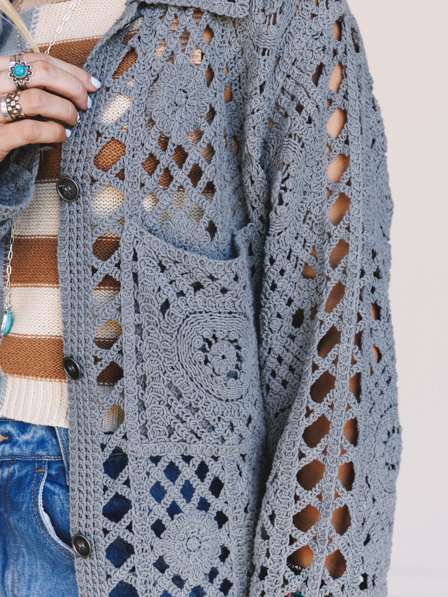 Marisela Crochet Button Down Top - Gray