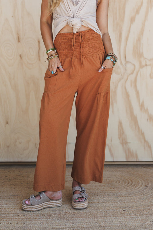 Solana Solid Wide Leg Pants - Camel