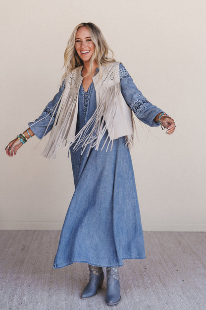 Coastal Pearl Fringe Vest - Stone