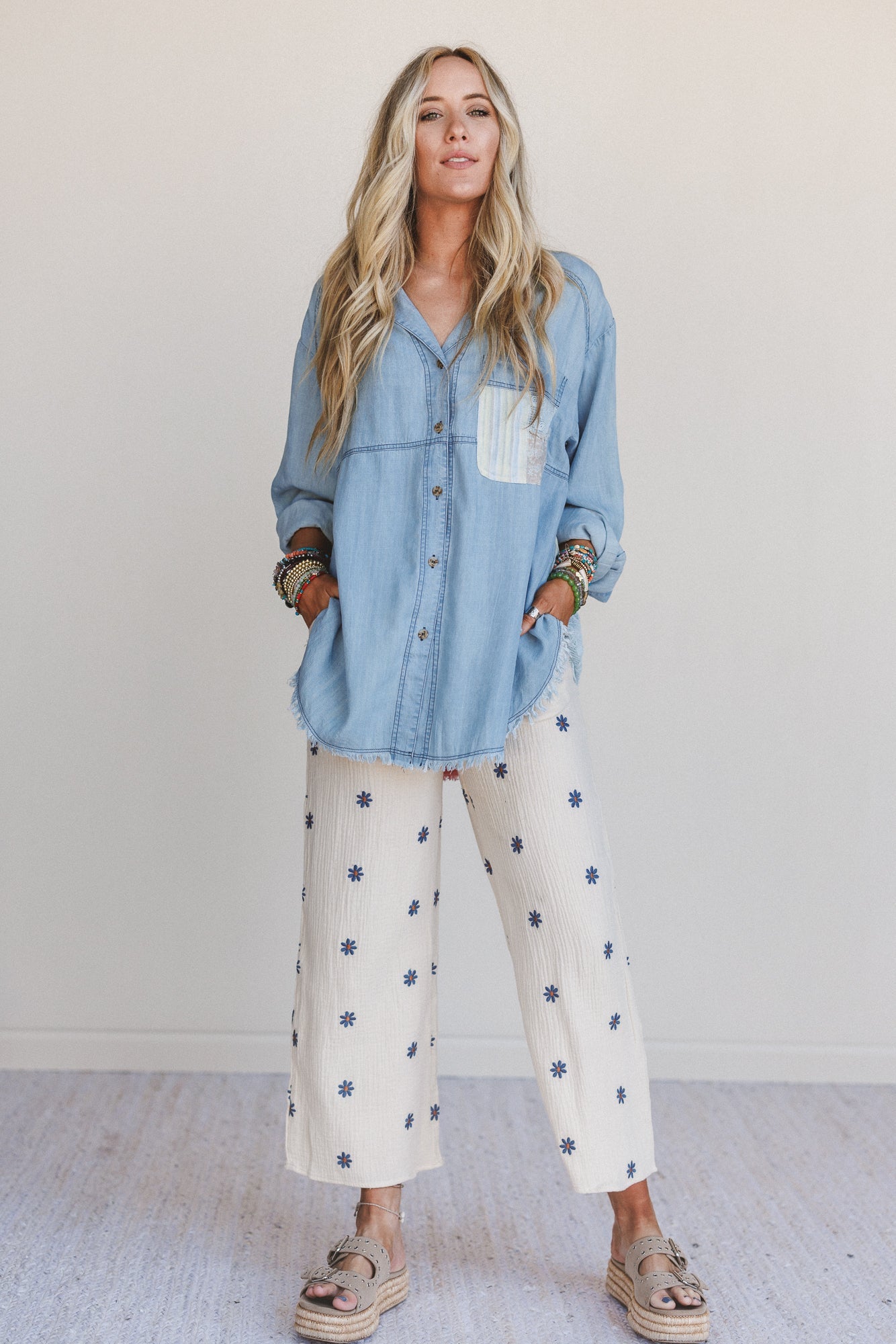 Dusty Bloom Button Up Top - Denim
