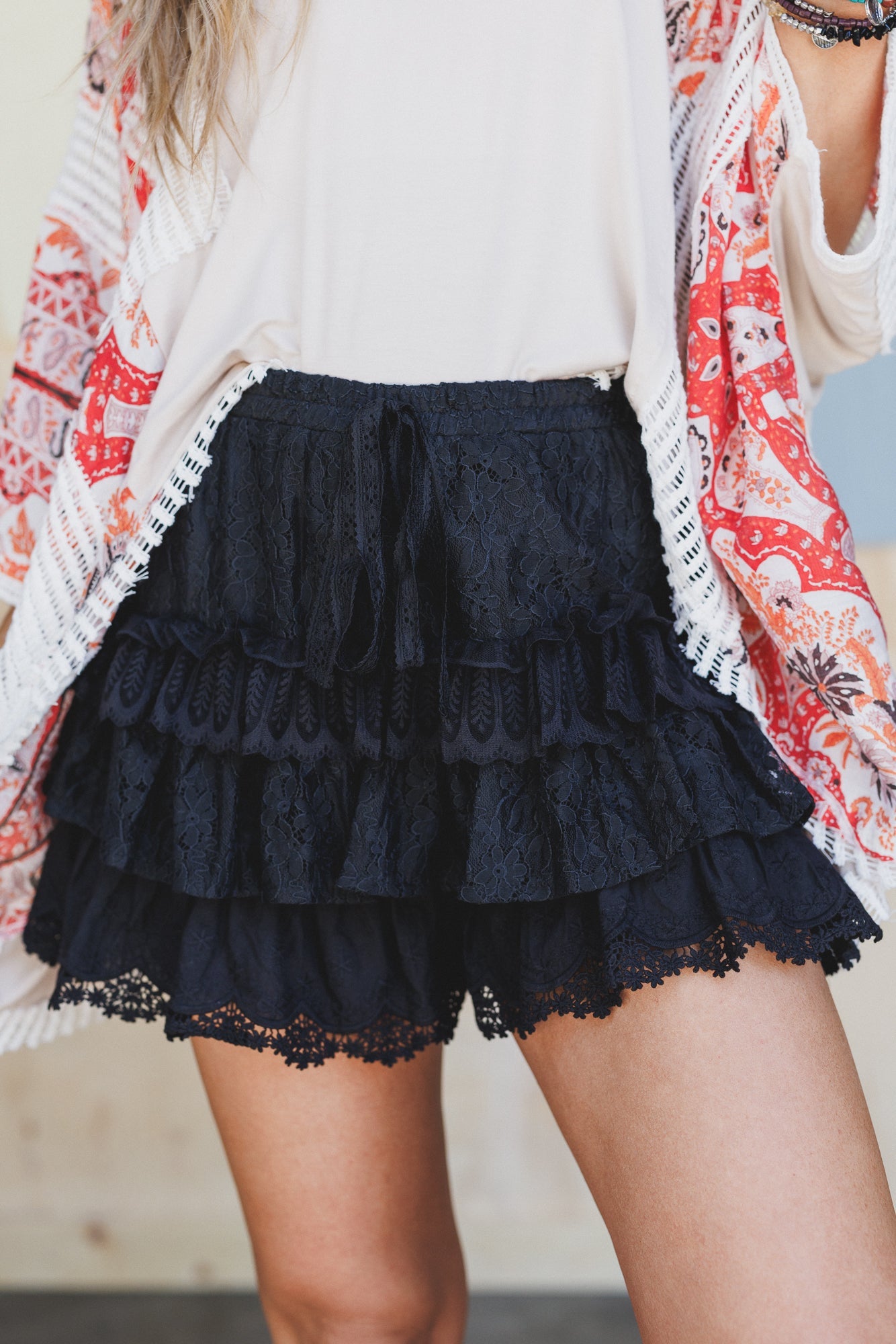 Antoinette Boho Ruffle Shorts - Black