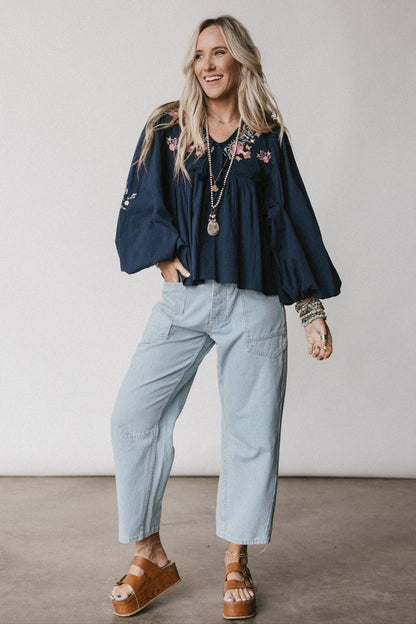 Whimsy Rose Embroidered Top - Navy