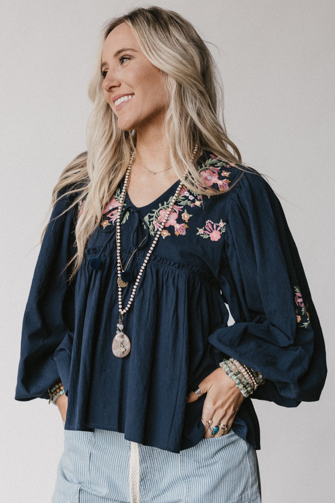 Whimsy Rose Embroidered Top - Navy