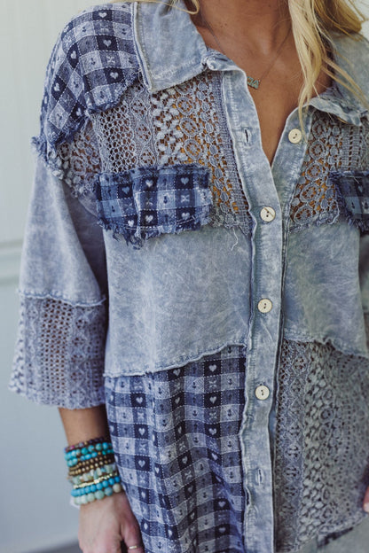 Lost In Love Button Down Top - Grey