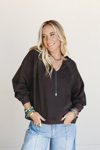 Rustic Lace Dream Trim Top - Ash Black