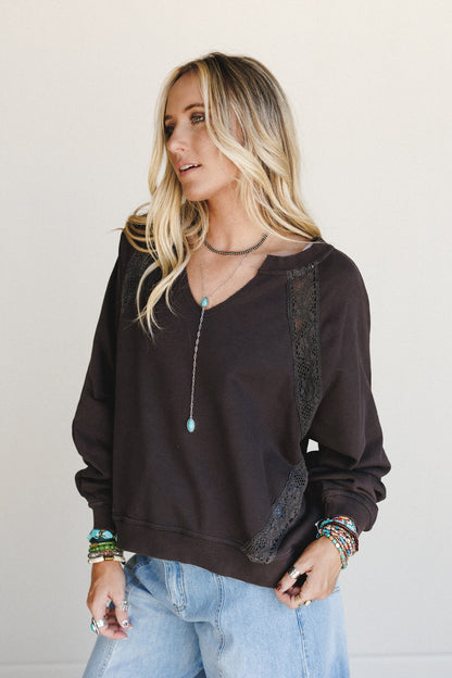 Rustic Lace Dream Trim Top - Ash Black