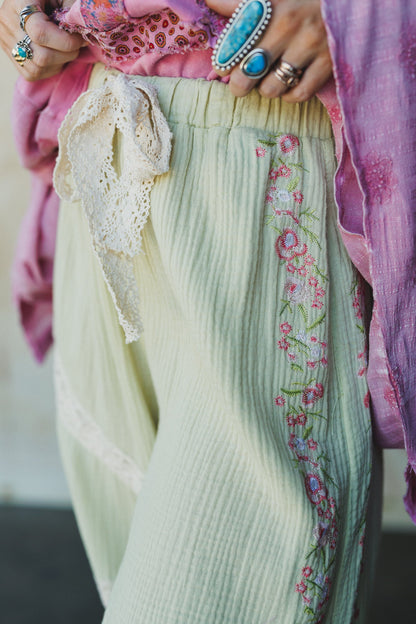 Floral Drift Embroidered Pants - Sage
