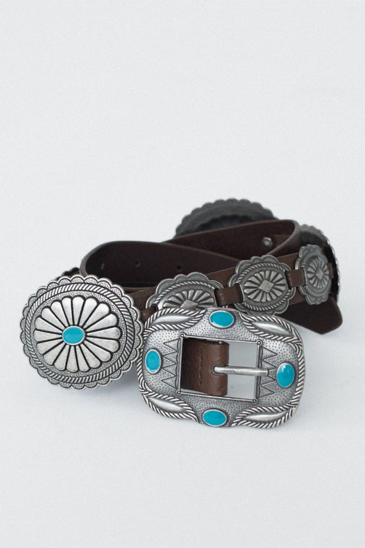 Austin Turquoise Concho Belt - Brown