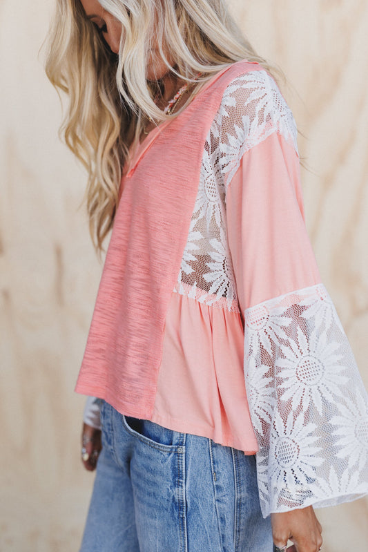 Soft Bloom Lace Flare Top - Coral