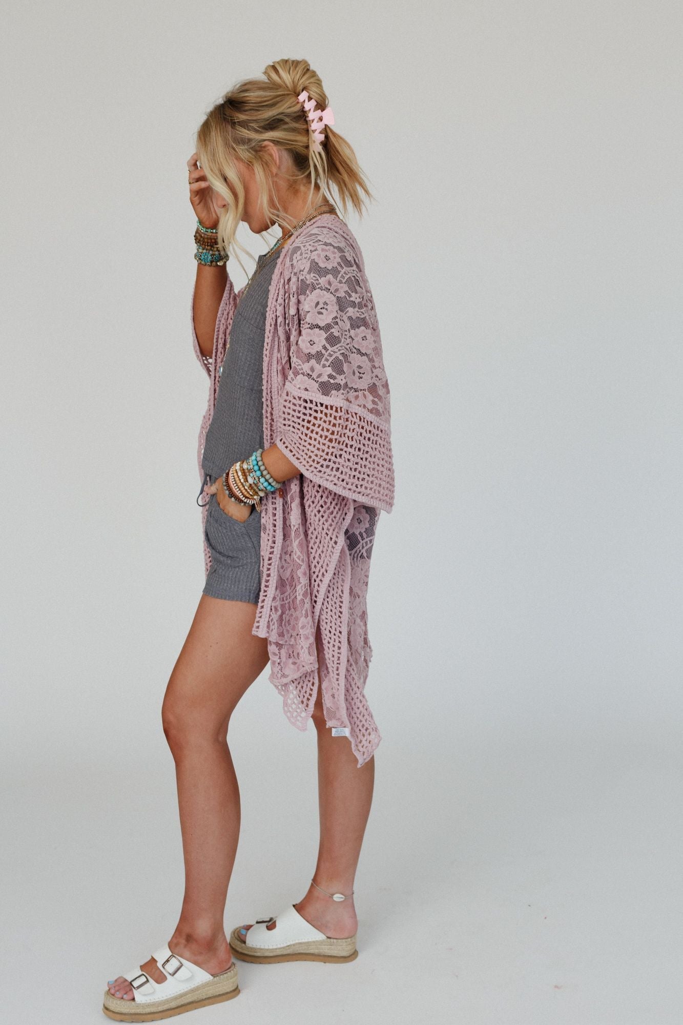 Breezy Floral Lace Kimono - Rose