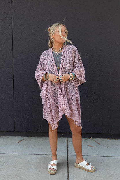 Breezy Floral Lace Kimono - Rose