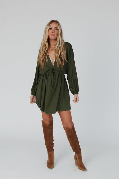 The Nest Sweet Vacay Long Sleeve Dress - Super Olive
