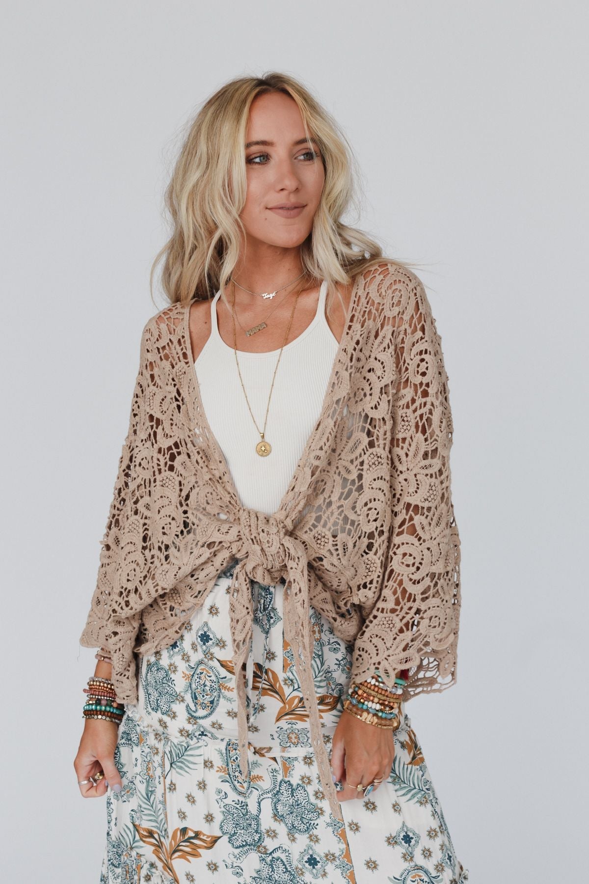 Crochet Petal Kimono Wrap - Mocha