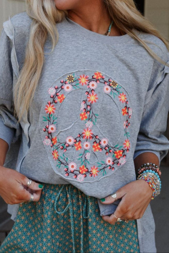 Ford Floral Peace Patch Top - Heather Gray
