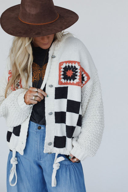 Flower Check Hoodie Top - Cream