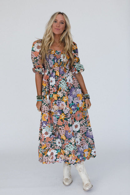 Forest Path Floral Maxi Dress - Green